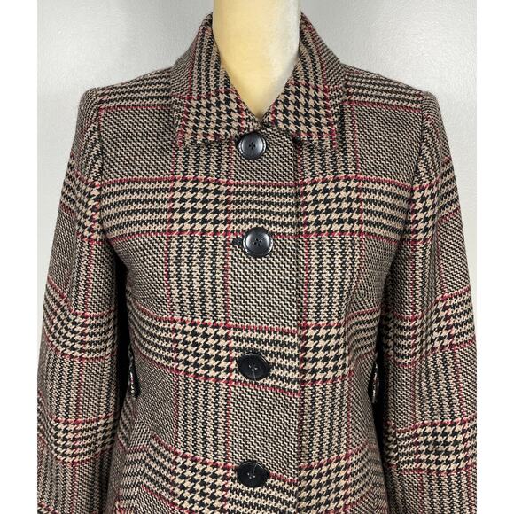 Talbots Plaid Wool Button-Up Blazer Tan Black Houndstooth 8 Petite Pea Coat - Picture 3 of 9